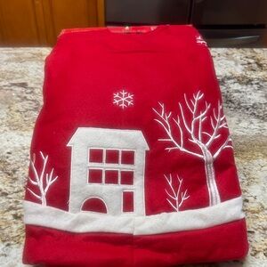 Red Christmas Tree Skirt with White Embroidery Snow Village